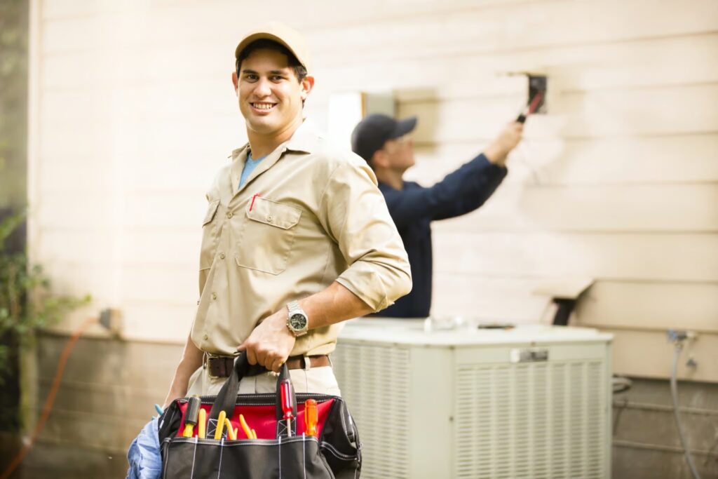 HVAC technician smiling with a tool bag in front of an air conditioning unit, with another technician working on the wall, reflecting emergency AC repair services in Dallas, TX.