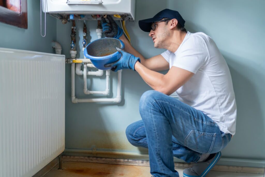 Man performing emergency water heater repair, inspecting plumbing connections and holding a bowl for water collection, in a residential setting.