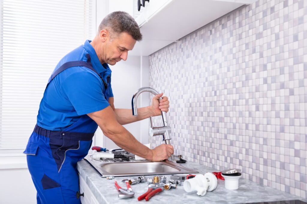 Plumber installing a modern faucet in a kitchen sink, surrounded by plumbing tools, emphasizing DIY faucet installation guidance in Dallas, TX.