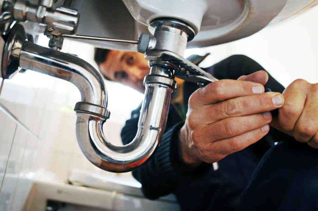 Plumber repairing a sink pipe, focusing on plumbing maintenance and pipe repair challenges in Plano, TX.